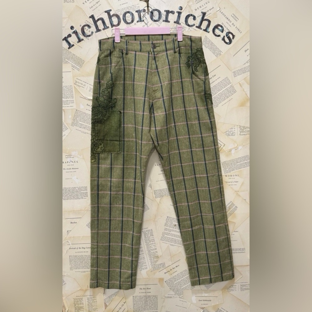 Free People Nigel Preston Embroidered Pants Floral Plaid Pockets Green Pink